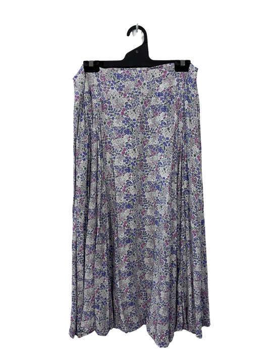 White, Pink & Purple Floral Print Midi Skirt