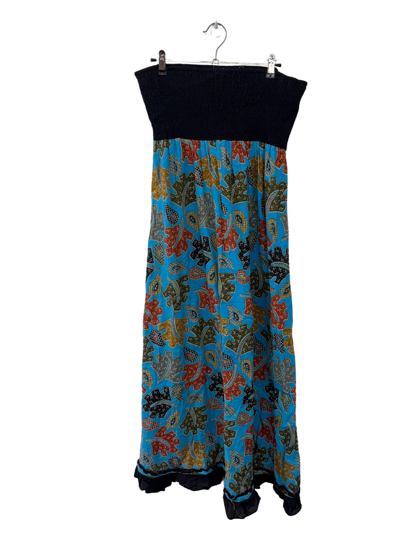 Black, Blue & Red Pattern Strapless Maxi Dress