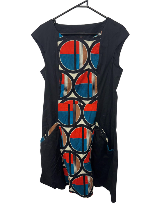 Black Cap Sleeve Midi Dress with Red, Cream, Blue Panel