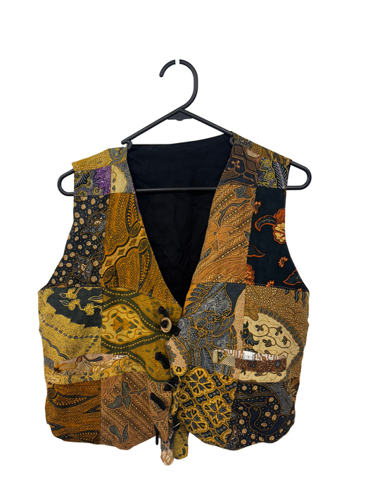 Dark Yellow & Black Patchwork Vest Top with South East-Asian Motifs