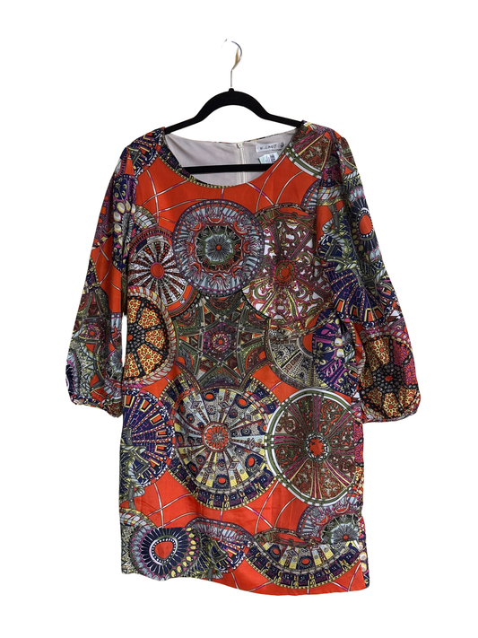 Orange & Multicolour Geometric/Gears Patterned Midi Dress