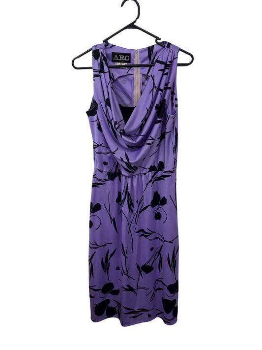 Vintage Purple & Black Pattern Draped Midi Dress