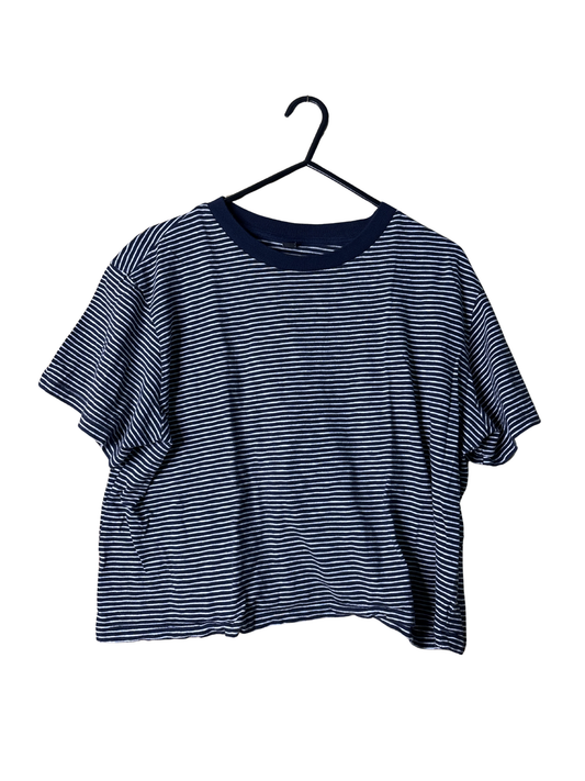Dark Blue & White Striped Short Sleeve Cropped T Shirt