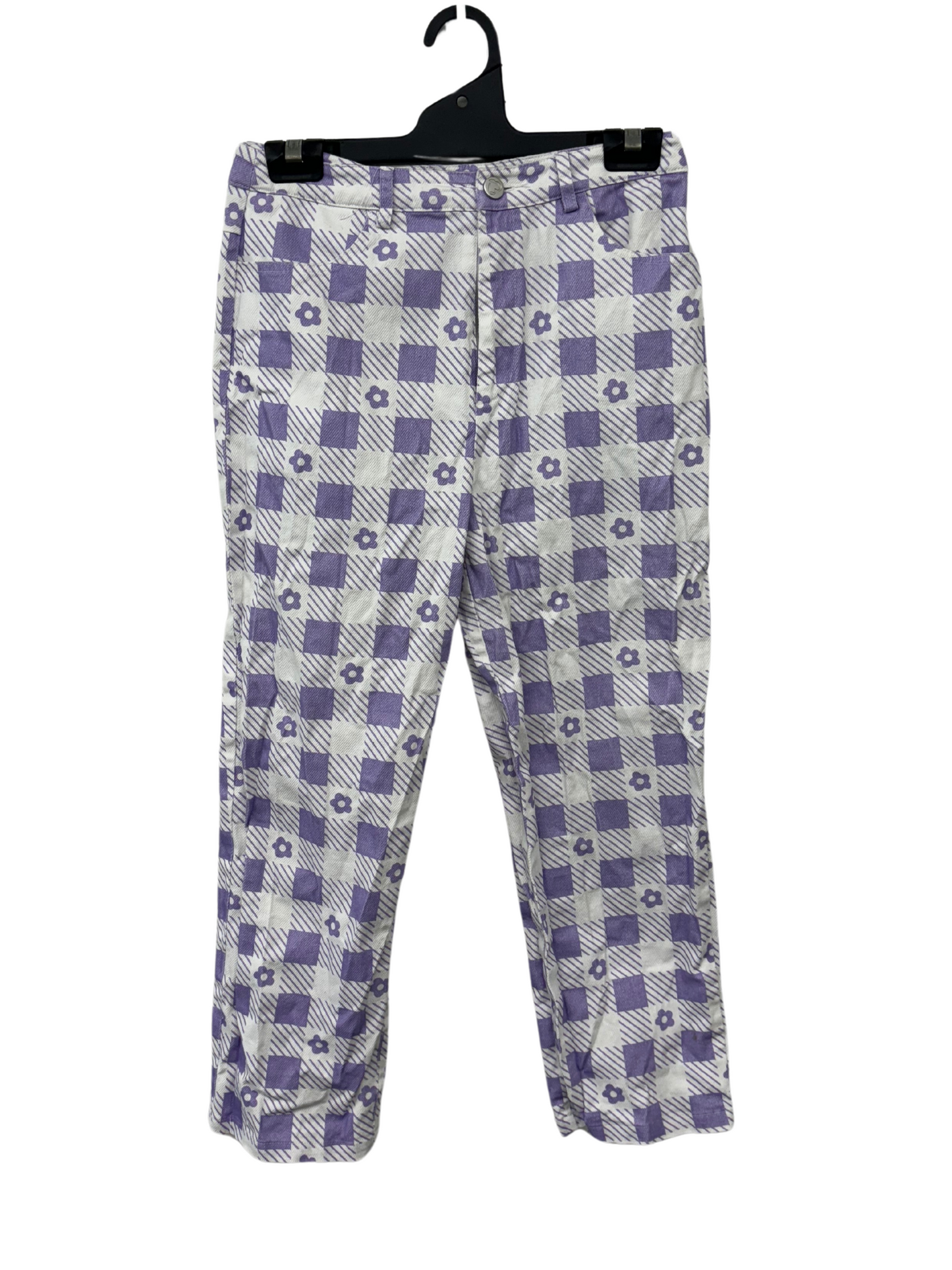 White & Purple Flower & Check Print Tapered Printed Jeans