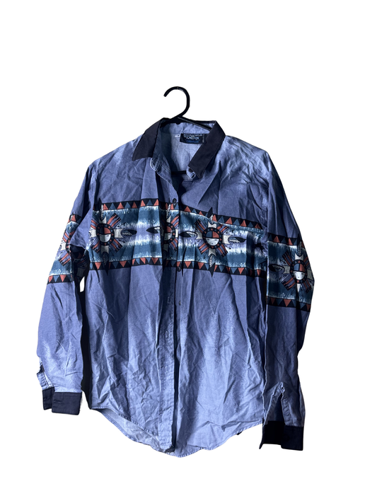 Vintage Light Blue Long Sleeve Button Up Shirt with Native American Pattern
