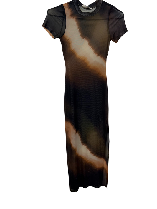 Brown/Cream Sheer Mesh Short Sleeve Long Dress