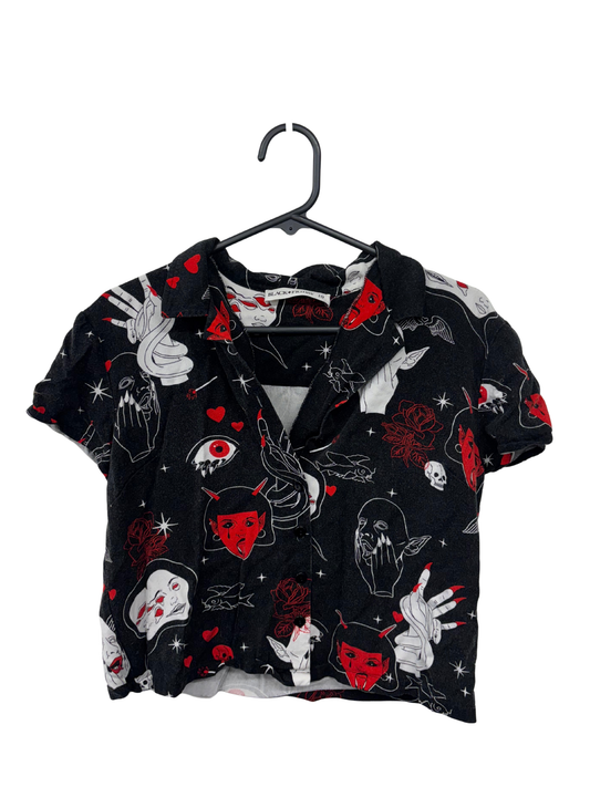 Black, White, Red Pattern Scary Short Sleeve Button Up Shirt