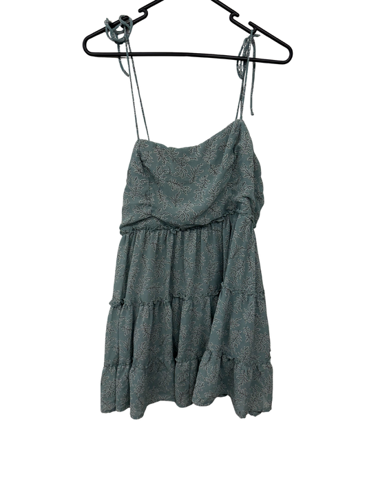 Green, White, Black Cherry Blossom Print Strappy Tie Tiered Dress