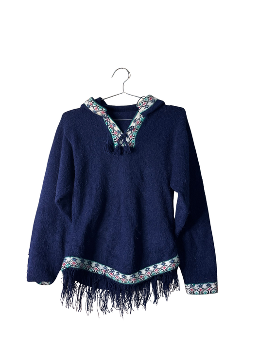 Vintage Dark Blue Knit Hoodie with Cream Pattern
