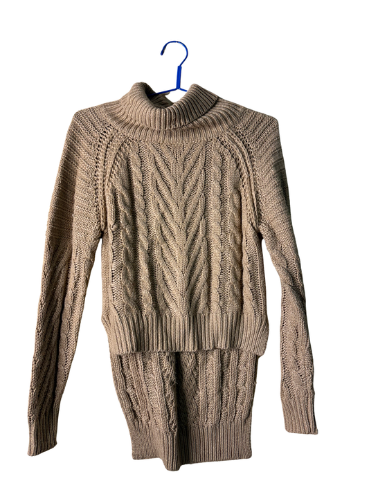 Light Brown Turtleneck Cable Knit Long Back Jumper