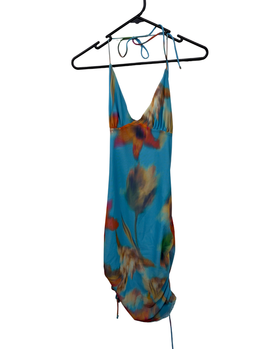 Blue & Multicolour Floral Print Halter Neck Short Dress