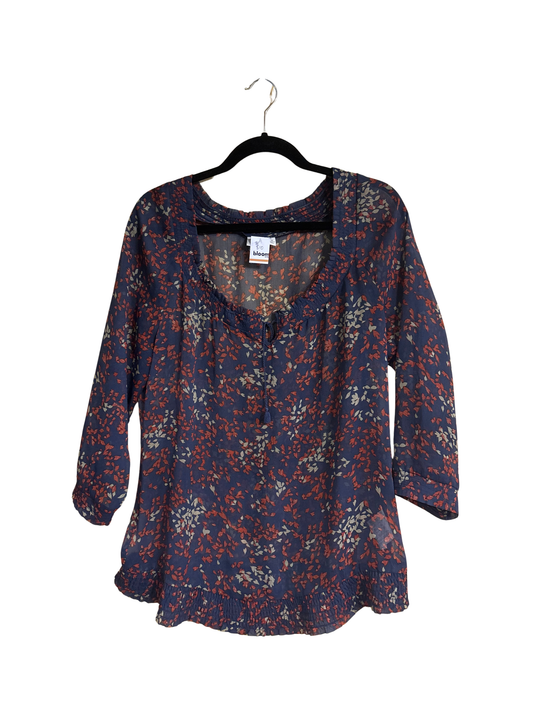 Navy Long Sleeve Sheer Top with Red & Cream Leaf Pattern