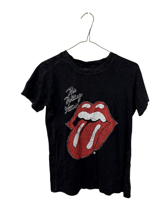 Black Acid Wash T Shirt with 'Rolling Stones' Logo