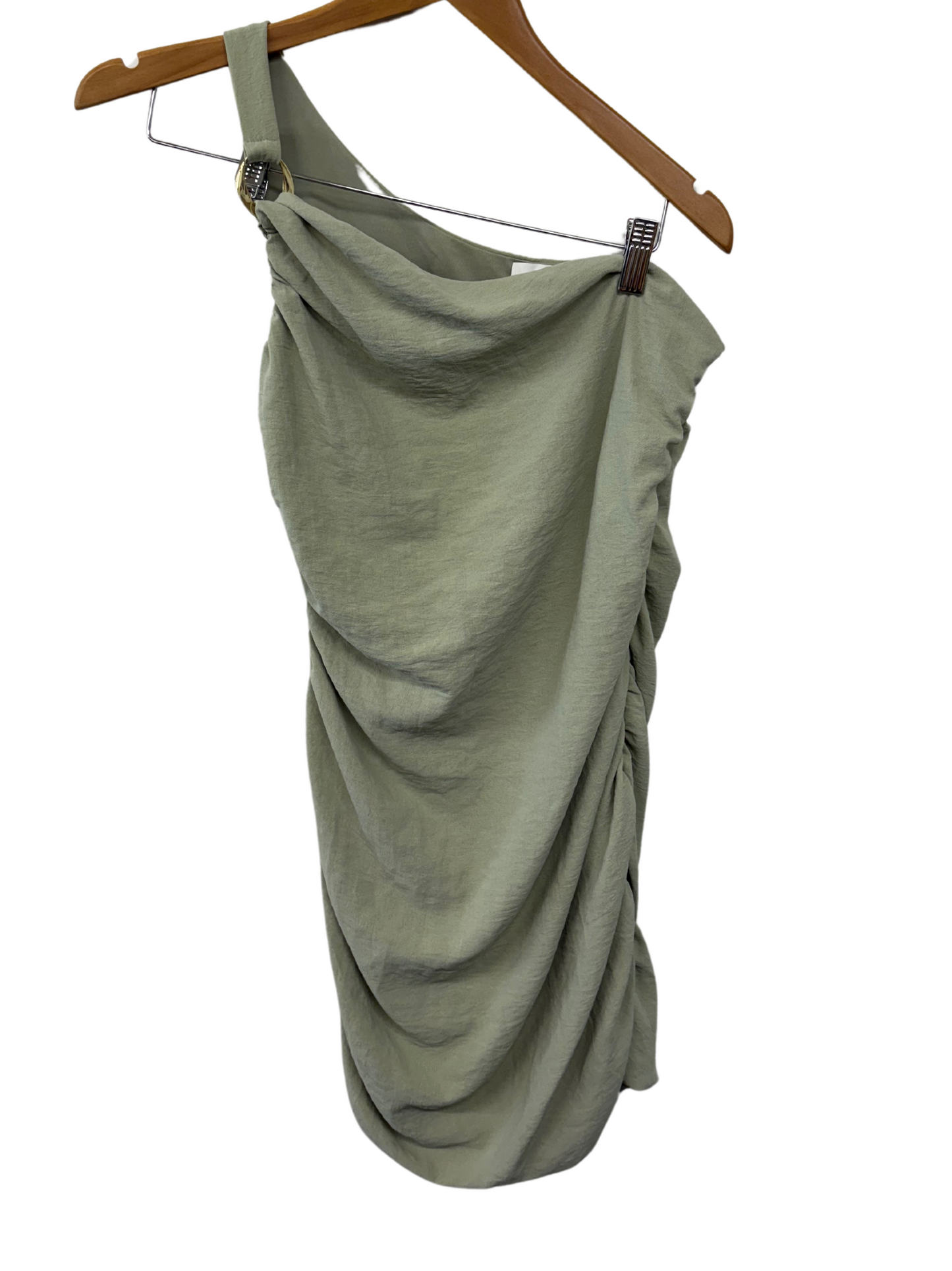 Light Green One Shoulder Ruched Dress with Gold Hardware