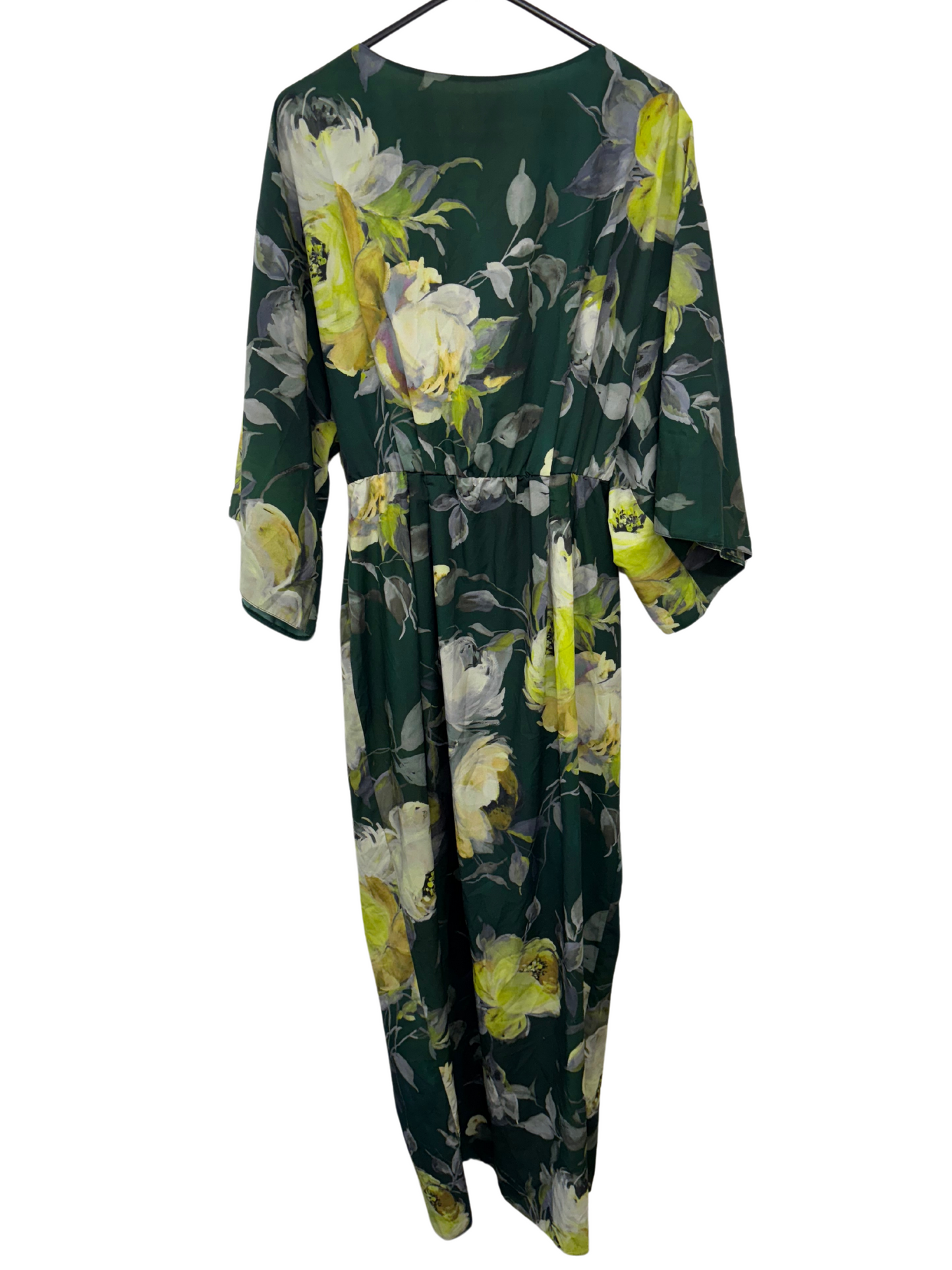 Dark Green & Cream/Yellow Floral Print Short Sleeve Low Cross Back Long Dress