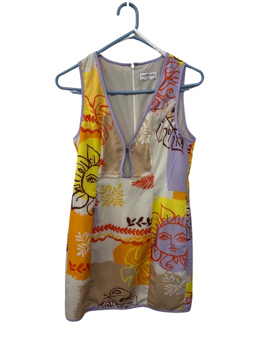 Cream & Light Purple Botanical Print Sleeveless Dress