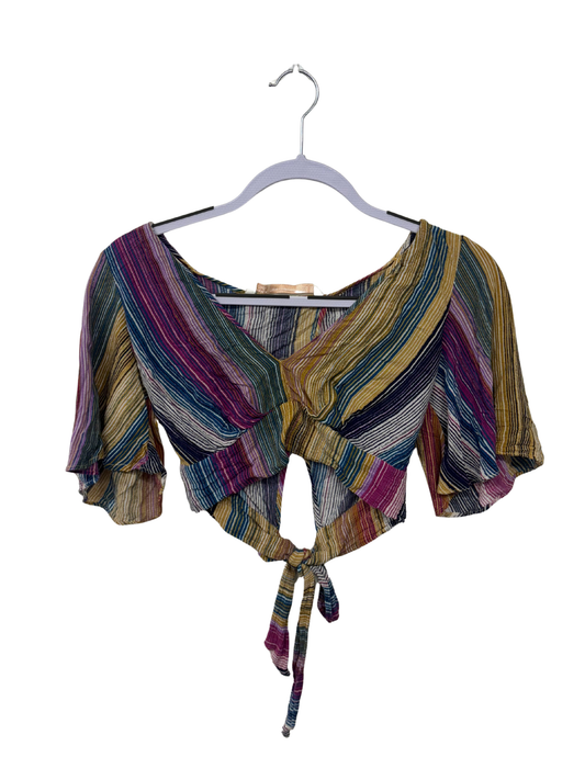 Multicolour Striped Short Sleeve Crop Tie Back Top