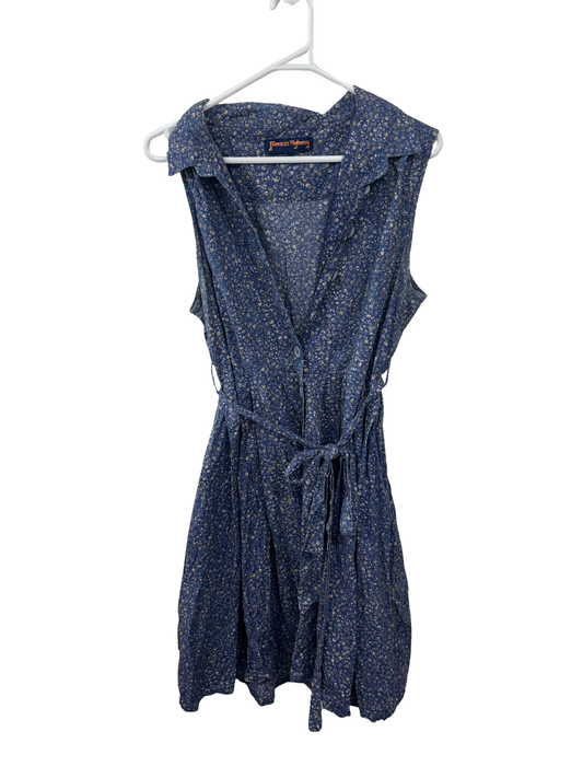 Blue & Cream Floral Sleeveless Midi Button Up Dress