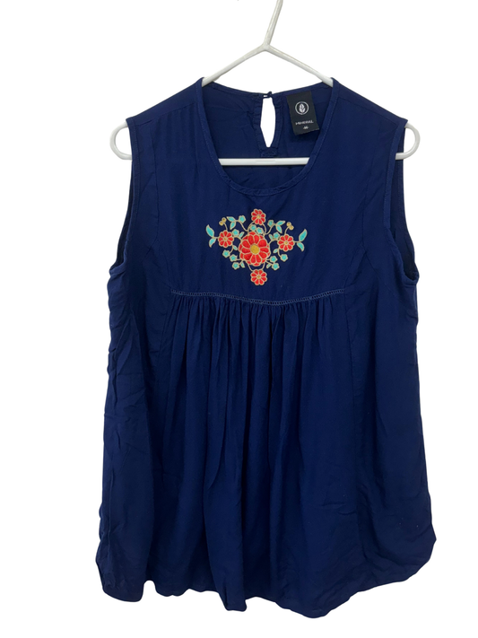 Dark Blue Sleeveless Shirt with Red & Blue Embroidered Flowers