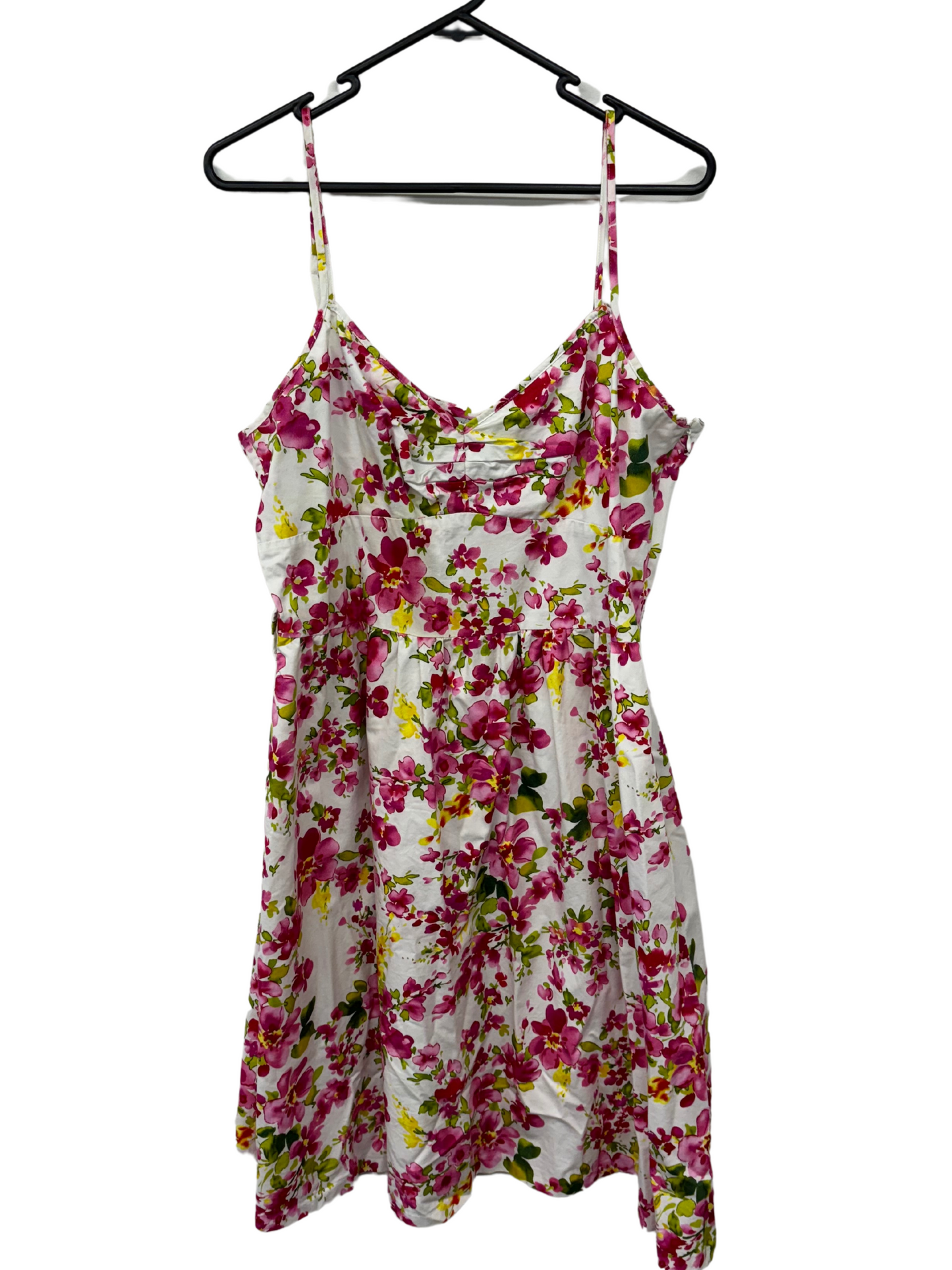 00s White, Pink & Yellow Floral Print Strappy Knee Length Dress