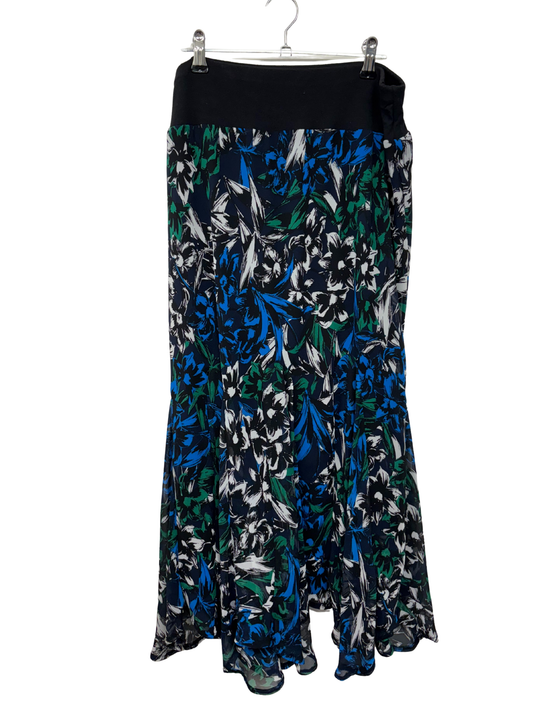00s Black, Blue, White & Green Floral Print Mid Rise Midi Skirt