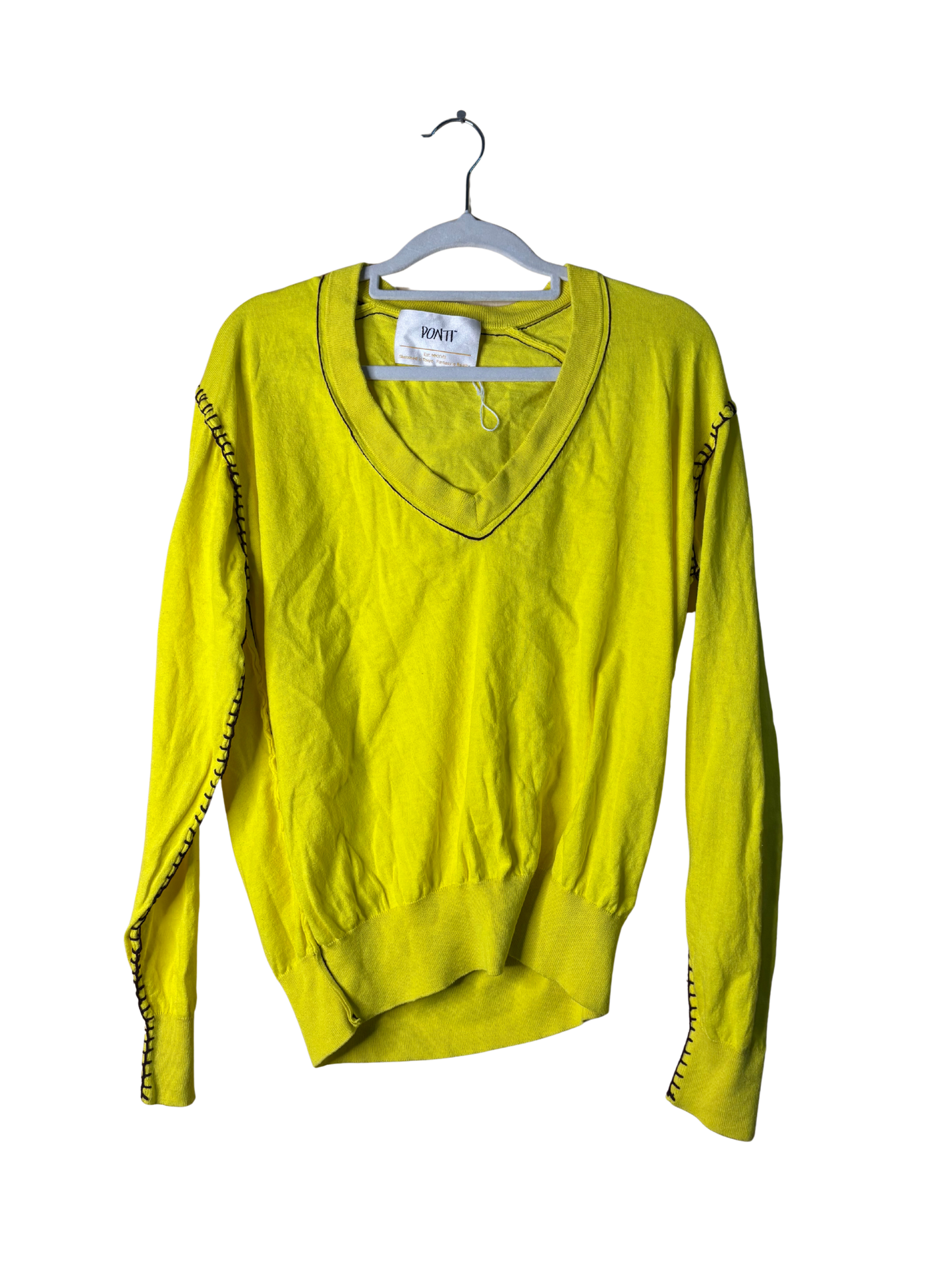 Yellow V Neck Knit Jumper with Purple Blanket Stitch