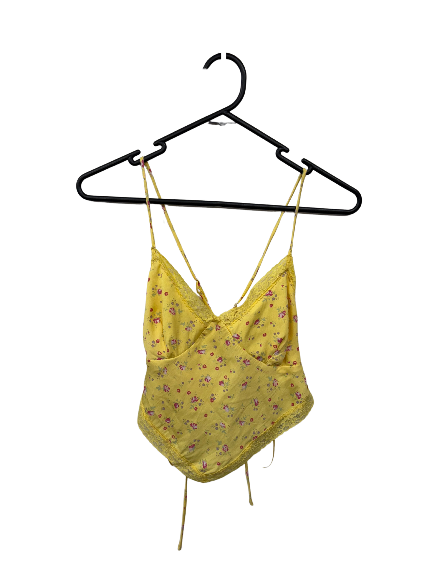 Yellow Strappy Triangle Tie Back Crop Top with Pink Floral Print