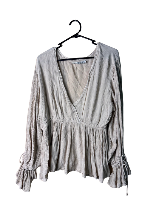 Beige Long Sleeve Faux Wrap Peasant Style Top