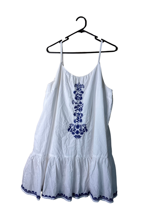 White Strappy Long Top/Dress with Blue Embroidery