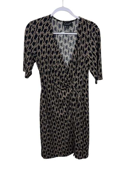 Black & Beige Chain Print Short Sleeve Midi Wrap Dress