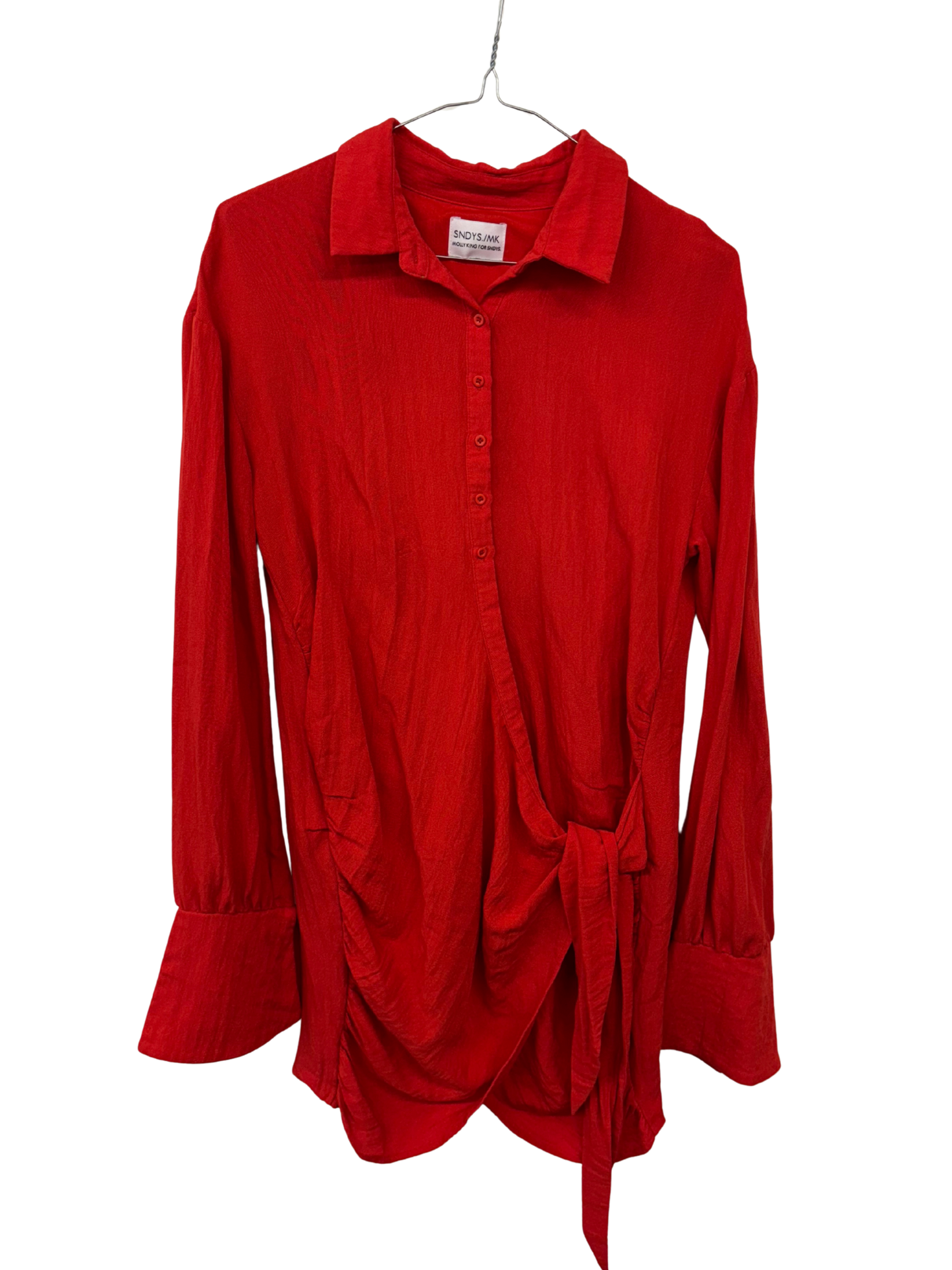 Red Long Sleeve Button Up Tie Dress