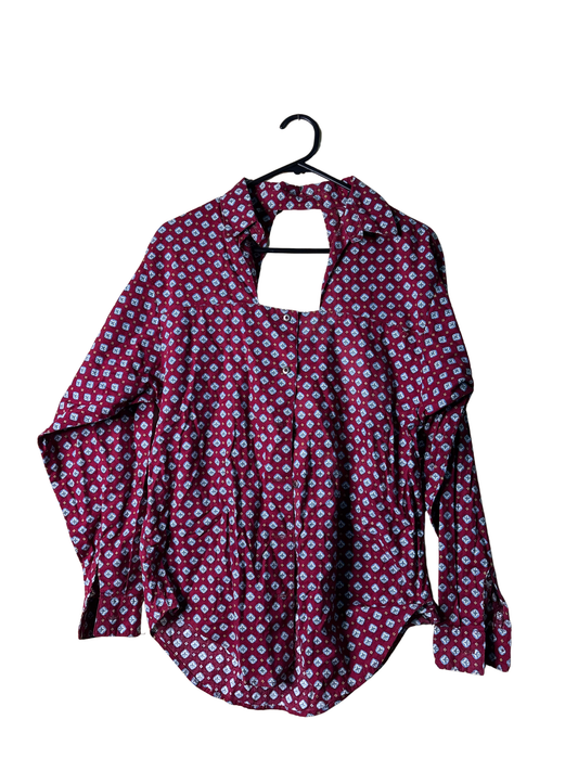 Vintage Maroon, Blue, White Patterned Long Sleeve Button Up Top with Cutout Back