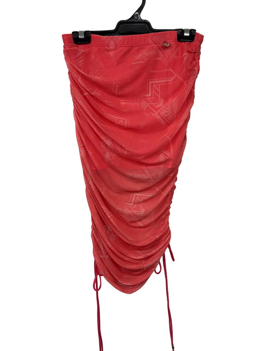 Pink/Orange Sheer Mid Rise Knee Length Skirt with Ruching