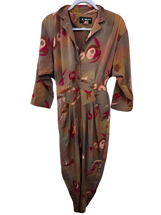 Vintage Light Brown Long Sleeve Painted Print Jumpsuit