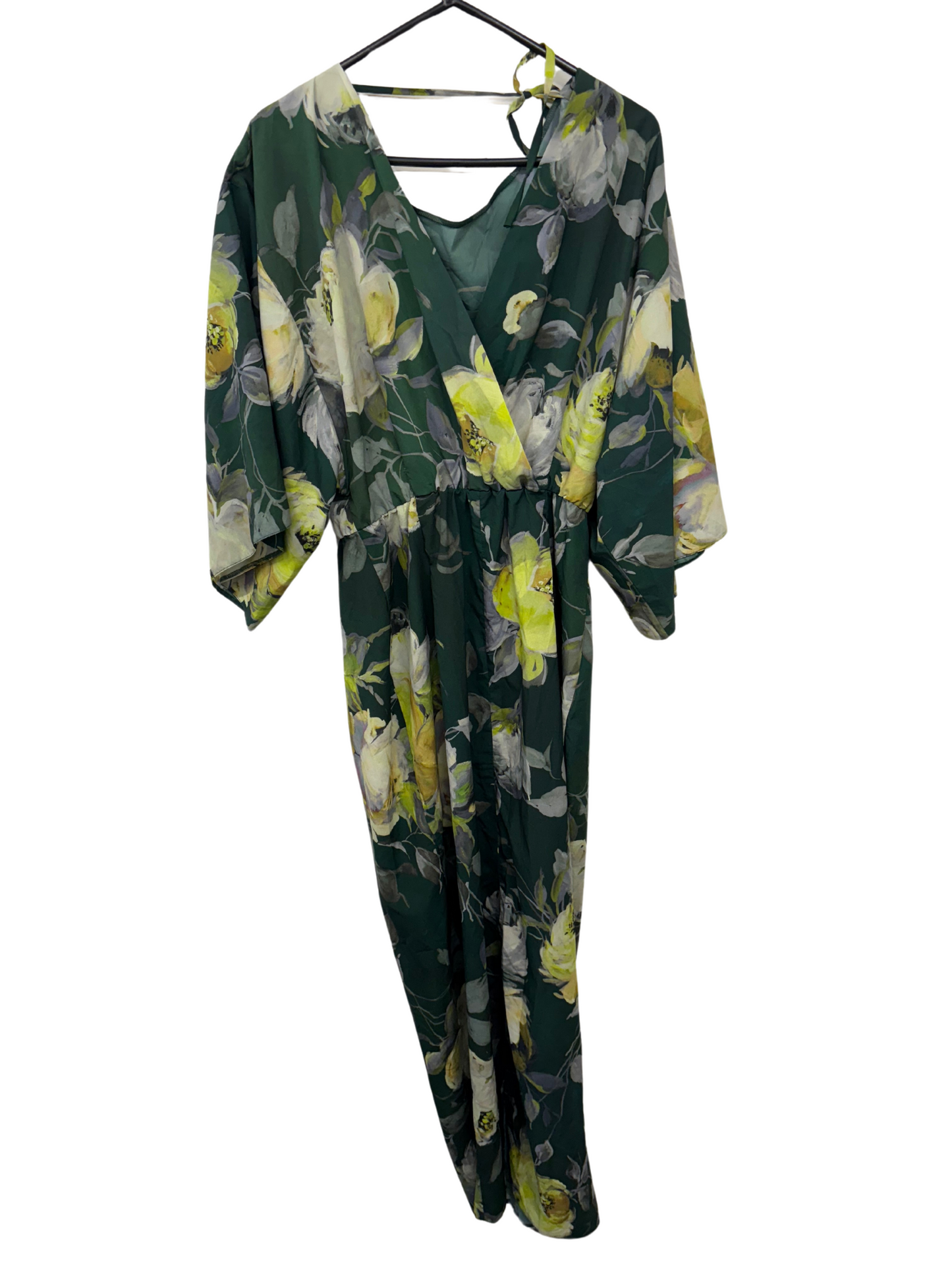 Dark Green & Cream/Yellow Floral Print Short Sleeve Low Cross Back Long Dress