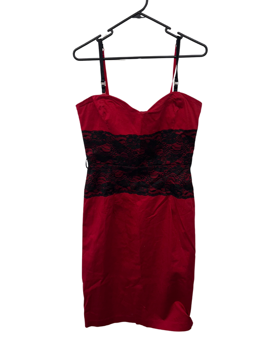 Red & Black Strappy Midi Fitted Dress with Lace