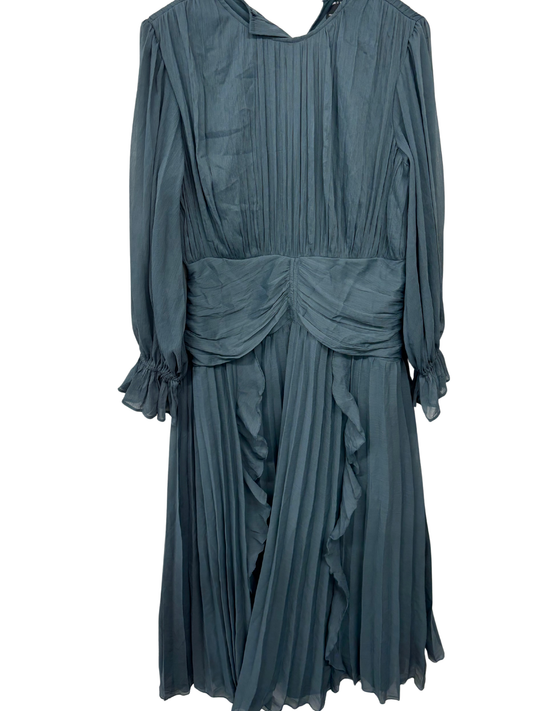 Dark Green Long Sleeve Ruched Pleated Long Dress