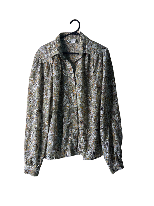 Vintage Green, White, Grey Paisley Print Long Sleeve Button Up Shirt
