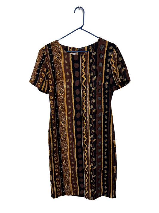 90s Brown & Black Print Short Sleeve Midi Dress