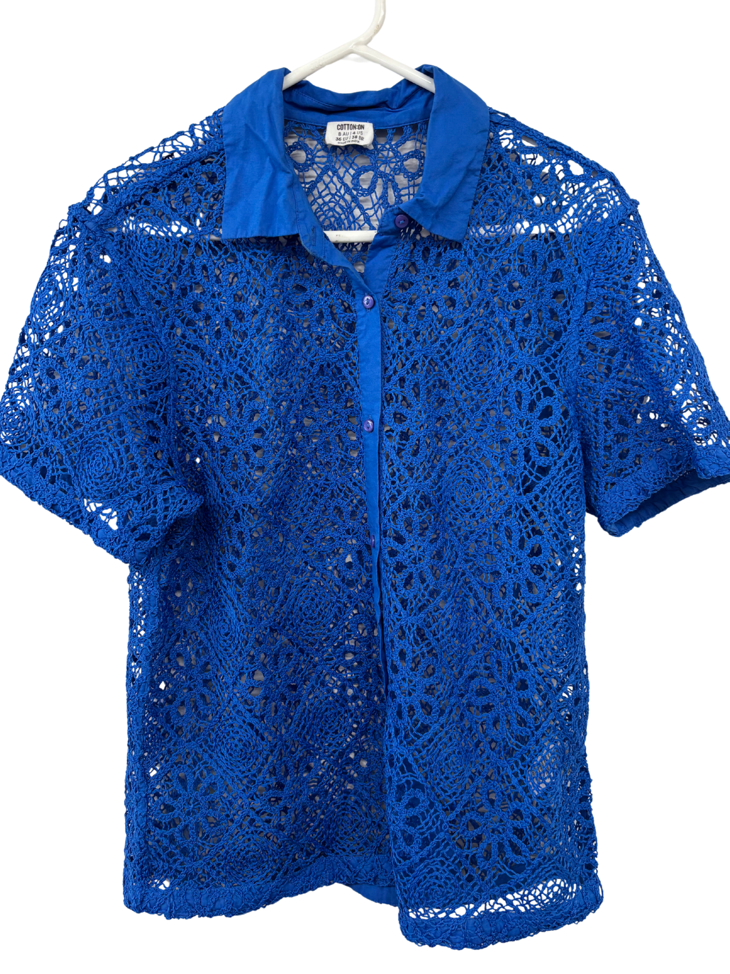 Blue Crochet Short Sleeve Button Up Shirt
