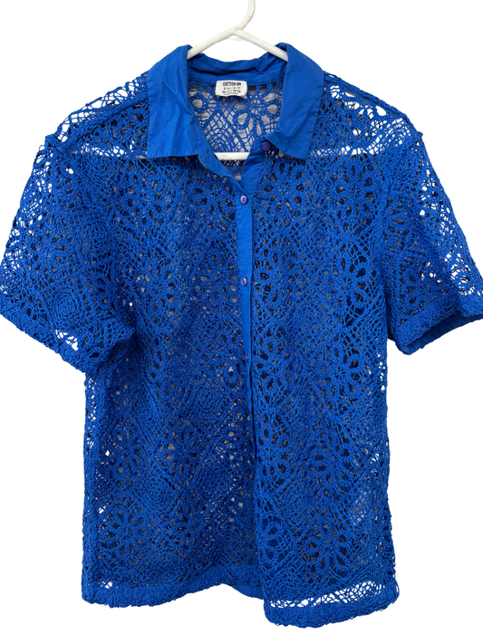 Blue Crochet Short Sleeve Button Up Shirt