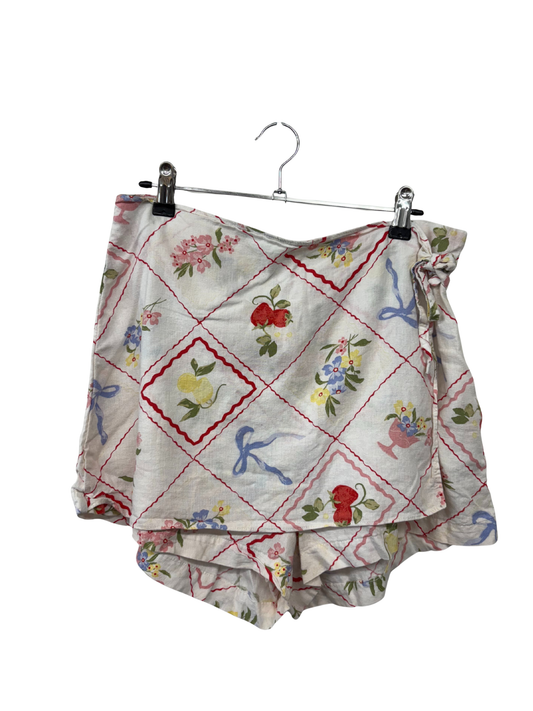 White, Red & Multicoloured Patterned High Waisted Skort