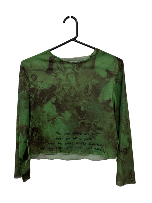 Green & Black Sheer Mesh Painting Print Long Sleeve Top