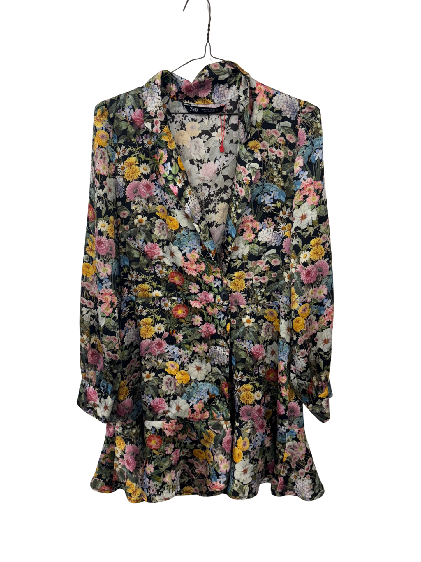 Black & Multicolour Floral Print Long Sleeve Button Up Short Dress
