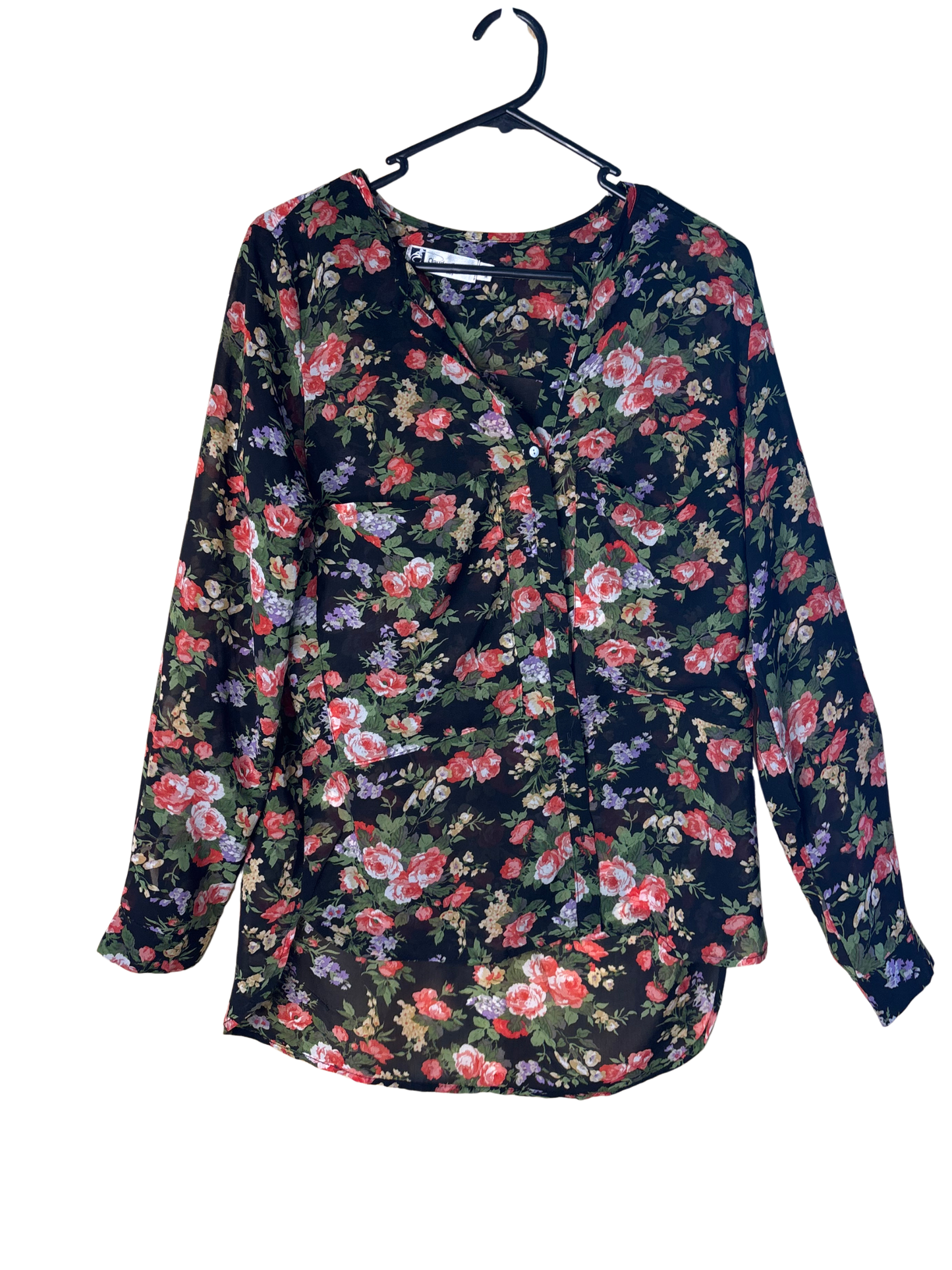 Vintage Black & Red Floral Print Semi-Sheer Long Sleeve Button Up