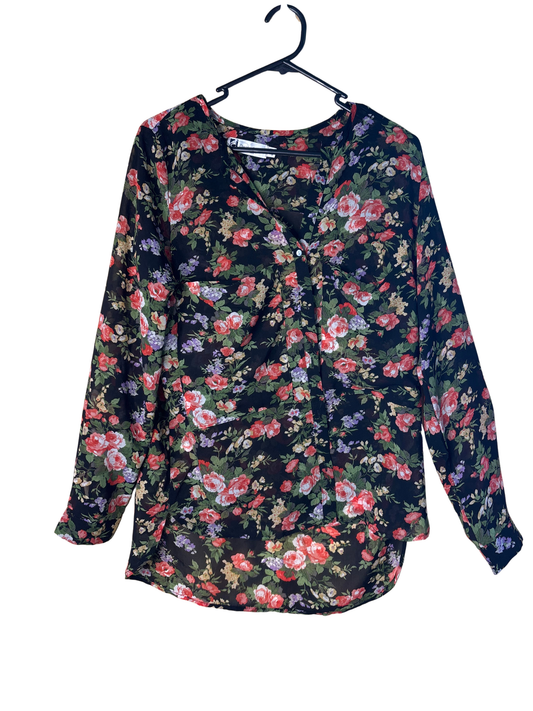 Vintage Black & Red Floral Print Semi-Sheer Long Sleeve Button Up