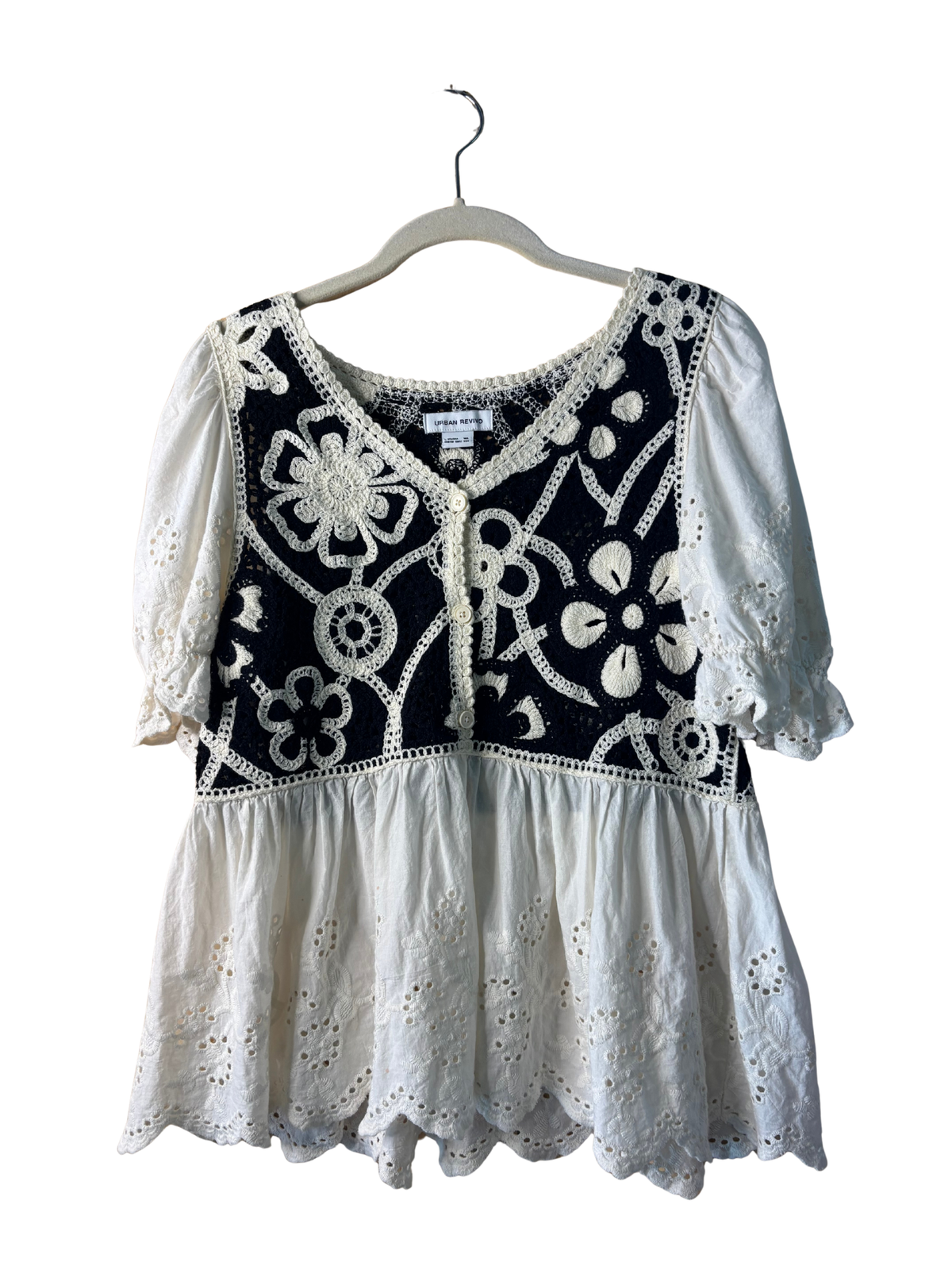 White Broderie Anglaise & Black & White Crochet Short Sleeve Top