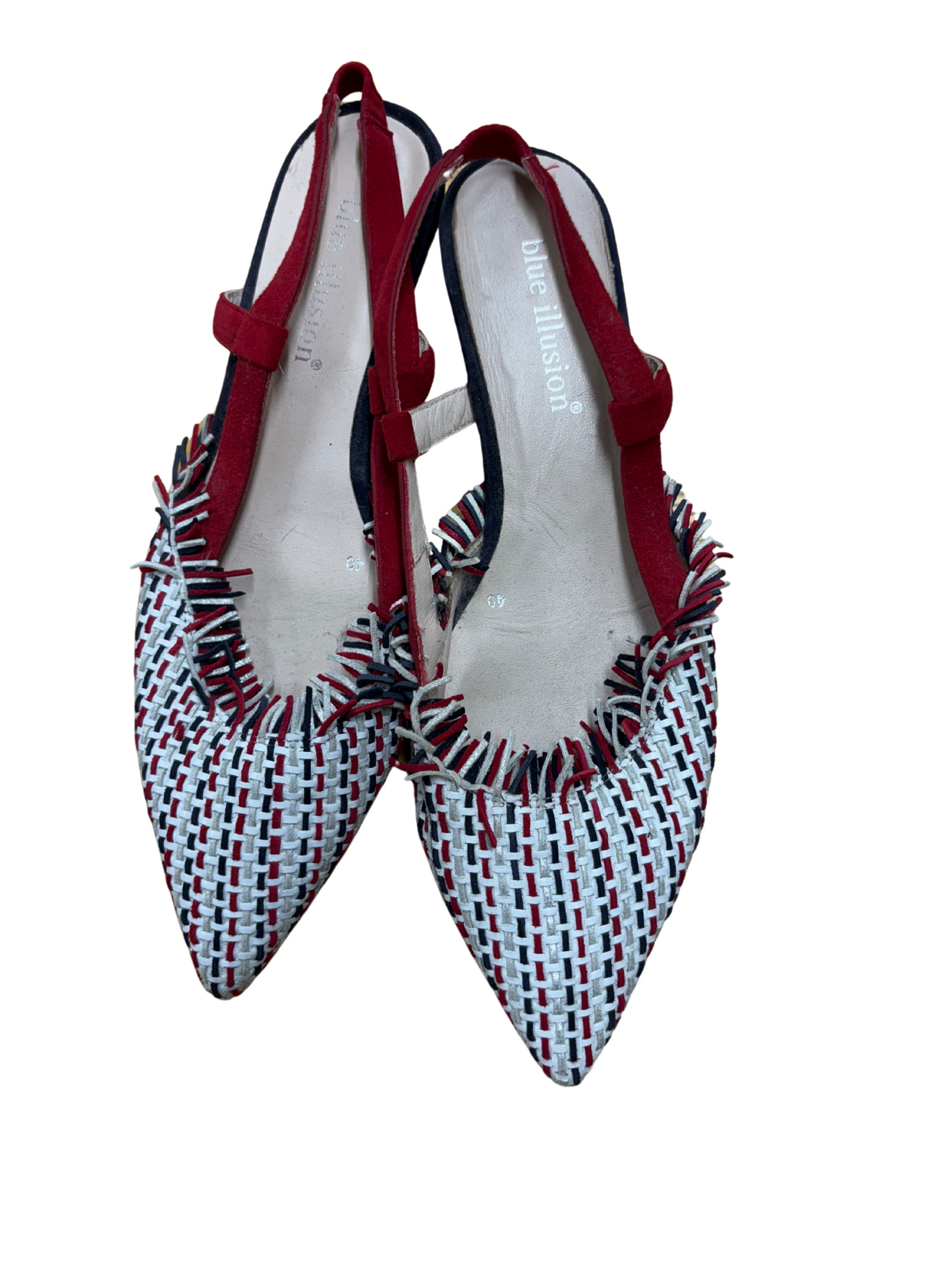 Red, Blue, White Fringe Kitten Heel Shoes