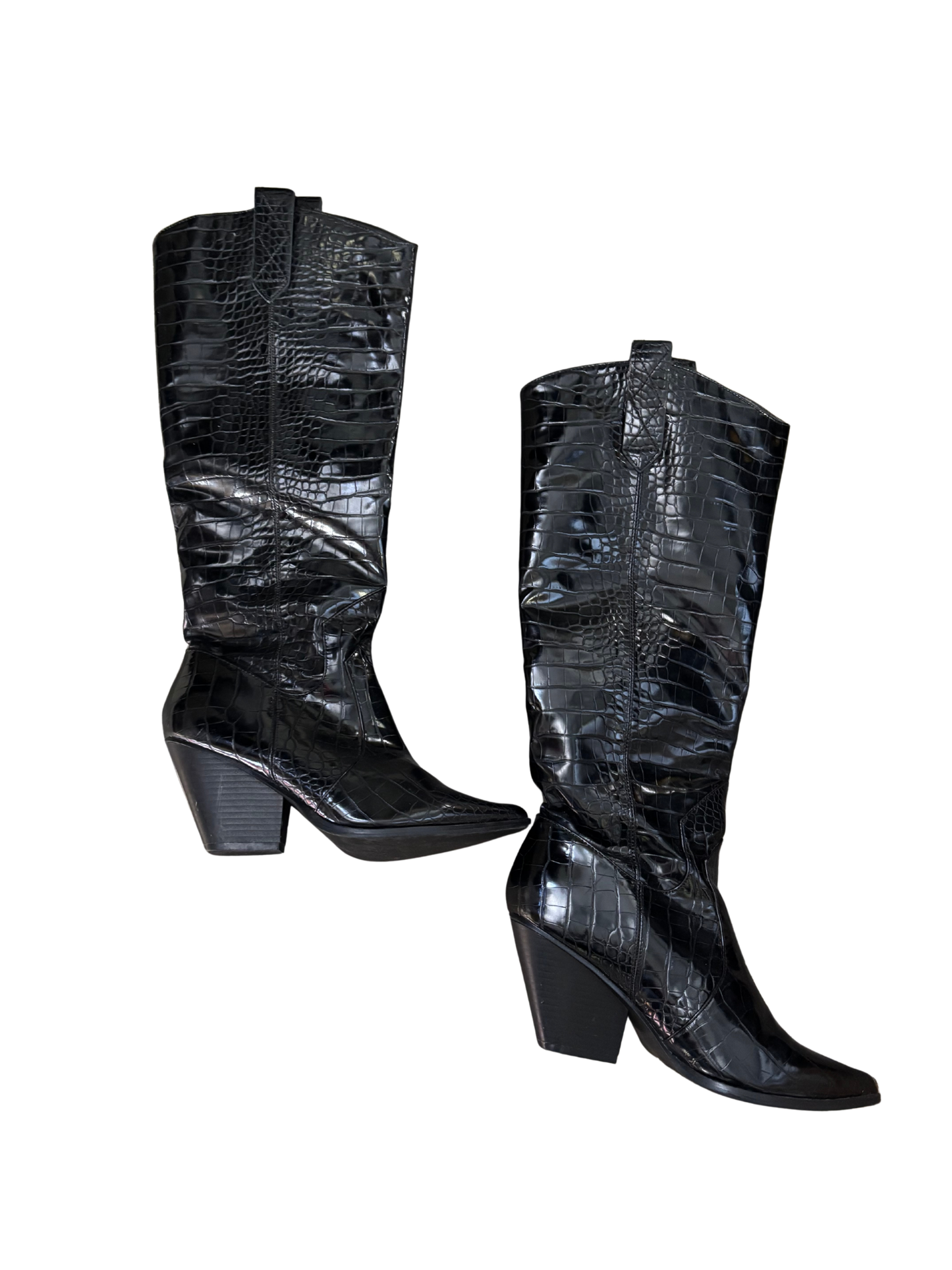 Black Faux Croc-skin Knee High Heeled Boots