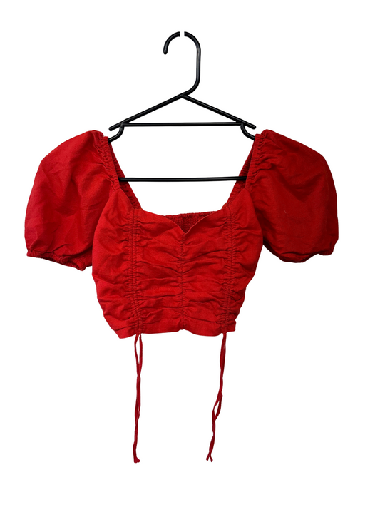Red Short Puffy Sleeve Ruched Crop Top